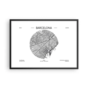 Poster in einem schwarzem Rahmen - Eine Karte von Barcelona im minimalistischen Schwarz-Weiß-Stil - 70x50cm - Anatomie von Barcelona - Moderne Wanddekoration für Wohnzimmer und Schlafzimmer ARTTOR