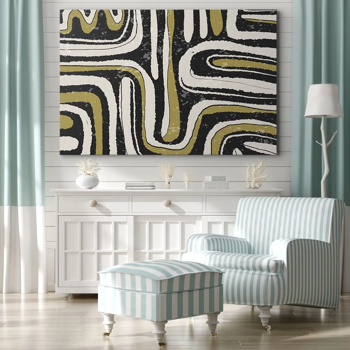 Bild auf Leinwand - Leinwandbild - Abstraktes Muster in Schwarz, Weiß und Gold - 70x50cm - Komposition: Straßen und Gassen - Moderne Wanddekoration für Wohnzimmer und Schlafzimmer ARTTOR