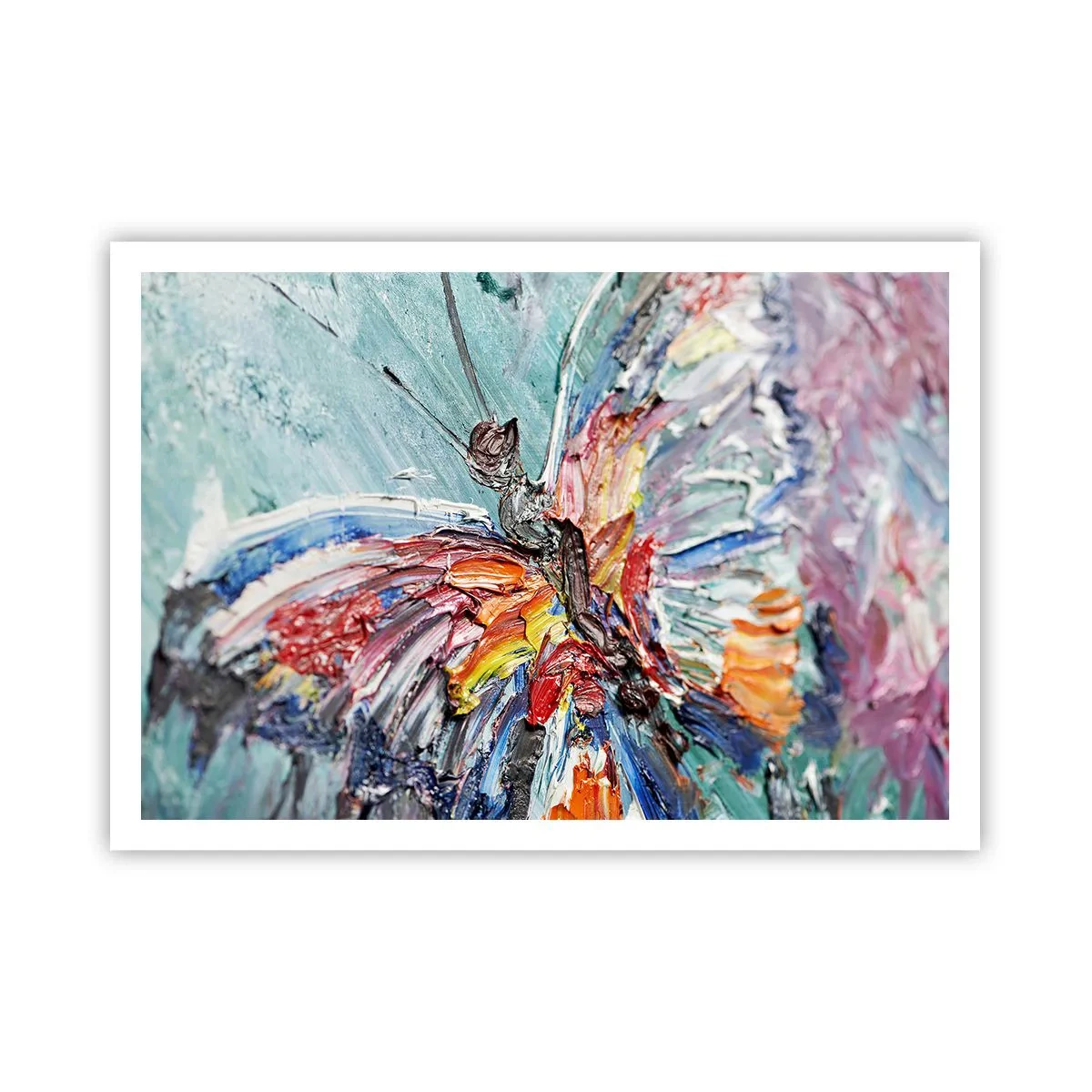 Poster - Bunter Impasto-Schmetterling auf pastellfarbenem Hintergrund - 100x70cm - Von der Natur gemalt - Moderne Wanddekoration für Wohnzimmer und Schlafzimmer ARTTOR