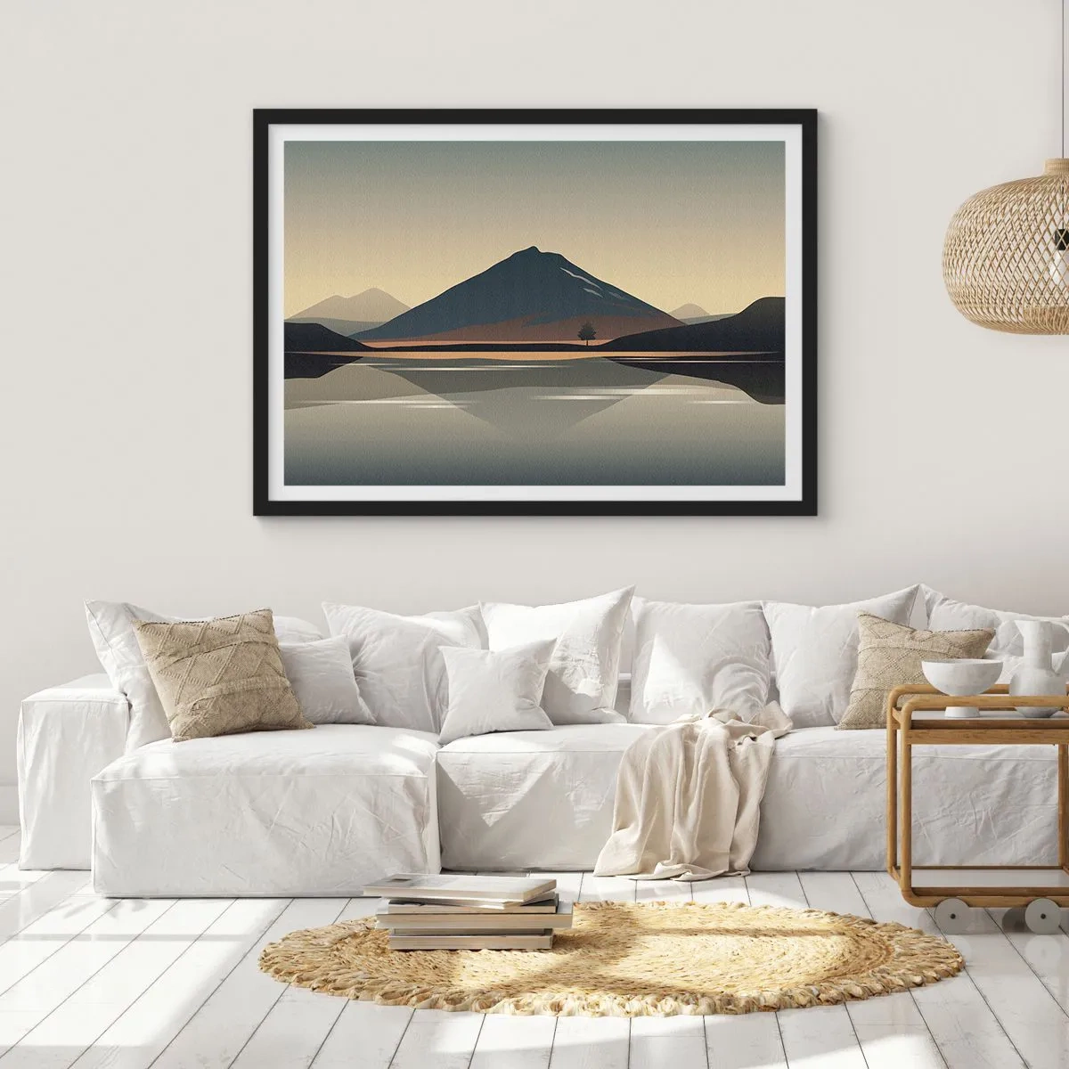 Poster in einem schwarzem Rahmen - Minimalistische Berglandschaft mit Spiegelung im Wasser - 100x70cm - Spiegelreflexion - Moderne Wanddekoration für Wohnzimmer und Schlafzimmer ARTTOR