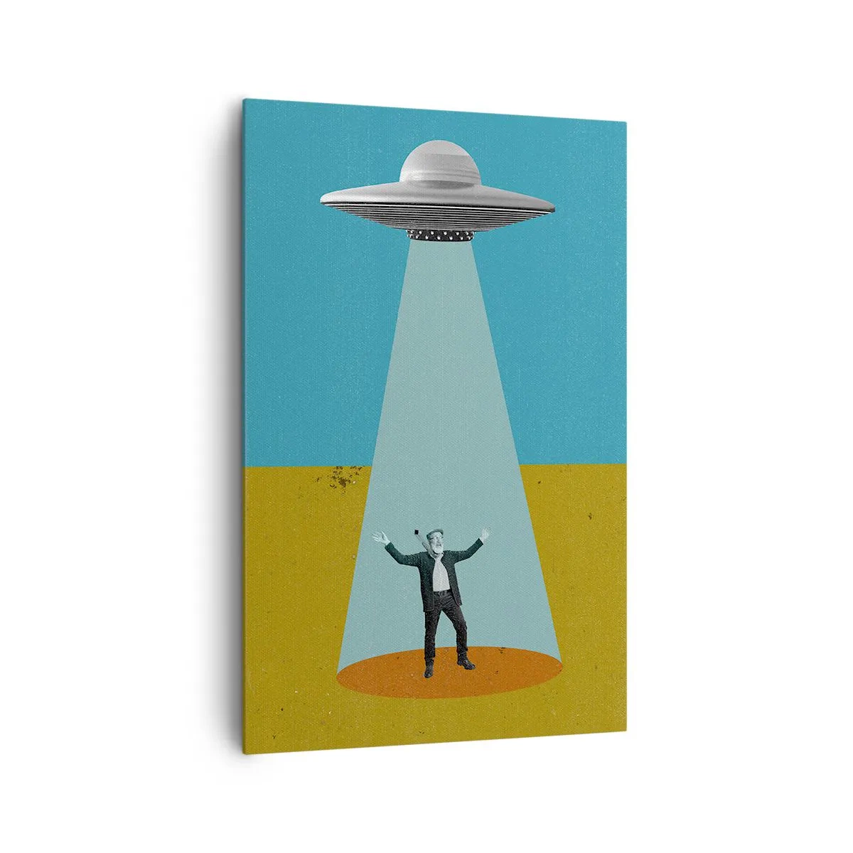 Bild auf Leinwand - Leinwandbild - Ein Mann im Licht eines UFOs vor dem Hintergrund einer farbenfrohen Landschaft - 80x120cm - Nahe Begegnung - Moderne Wanddekoration für Wohnzimmer und Schlafzimmer ARTTOR