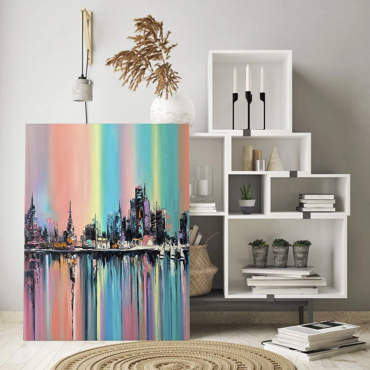 Glasbild - Bild auf glas - Buntes Stadtbild mit Spiegelung auf dem Wasser - 80x120cm - Um das Licht der Nacht herunterzufallen - Moderne Wanddekoration für Wohnzimmer und Schlafzimmer ARTTOR