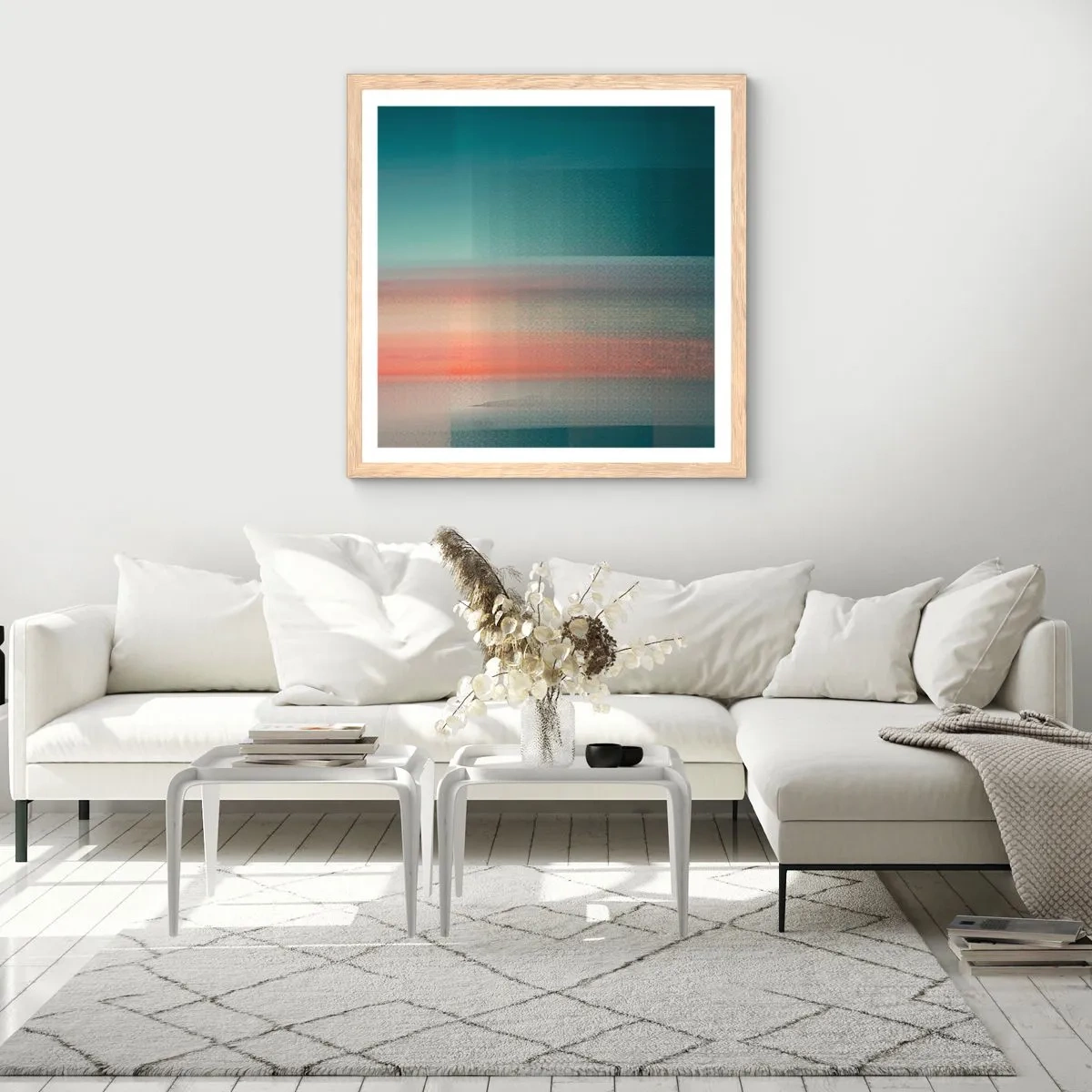 Poster in einem Rahmen aus heller Eiche - Abstraktion: Lichtwellen - 50x50 cm