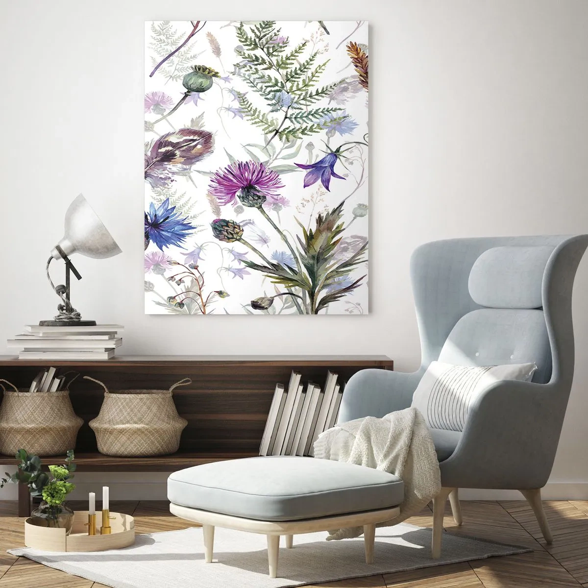 Glasbild - Bild auf glas - Aquarellblumen und Kräuter auf weißem Hintergrund im Herbarium-Stil - 80x120cm - Polnisches Herbarium - Moderne Wanddekoration für Wohnzimmer und Schlafzimmer ARTTOR