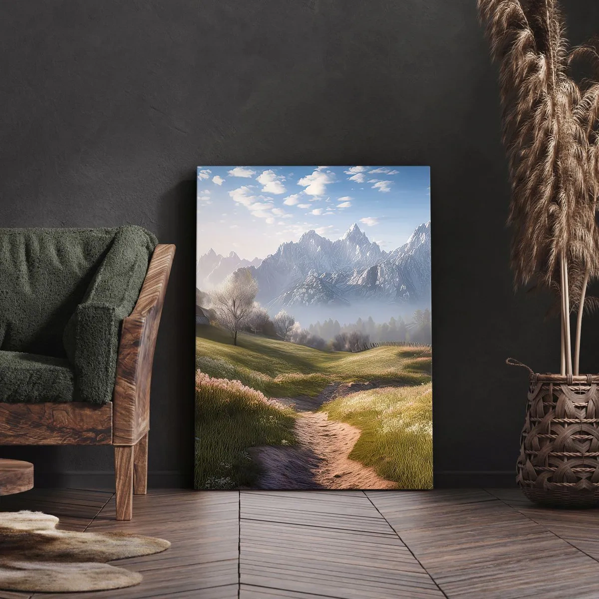 Bild auf Leinwand - Leinwandbild - Ein Bergtal mit Wiesen, Hütten und Blick auf die Gipfel - 50x70cm - Idyllisches Tal - Moderne Wanddekoration für Wohnzimmer und Schlafzimmer ARTTOR