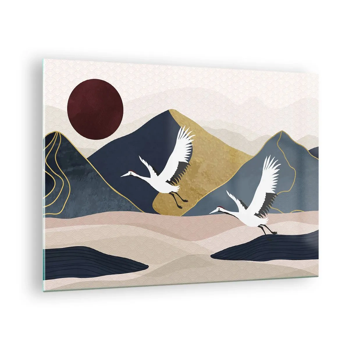 Glasbild - Bild auf glas - Zwei Kraniche fliegen über eine hügelige Landschaft mit einer roten Sonne. - 70x50cm - Es ist wieder ein Tag VERFLOGEN - Moderne Wanddekoration für Wohnzimmer und Schlafzimmer ARTTOR