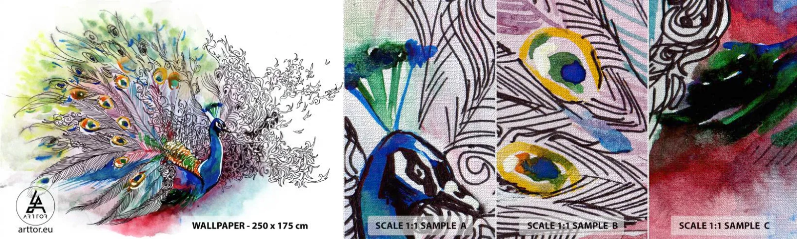 Fototapeten Muster Premium Canvas - Mit Stolz gegen Grau - Vogel, Pfau, Gefieder - 100x30 cm