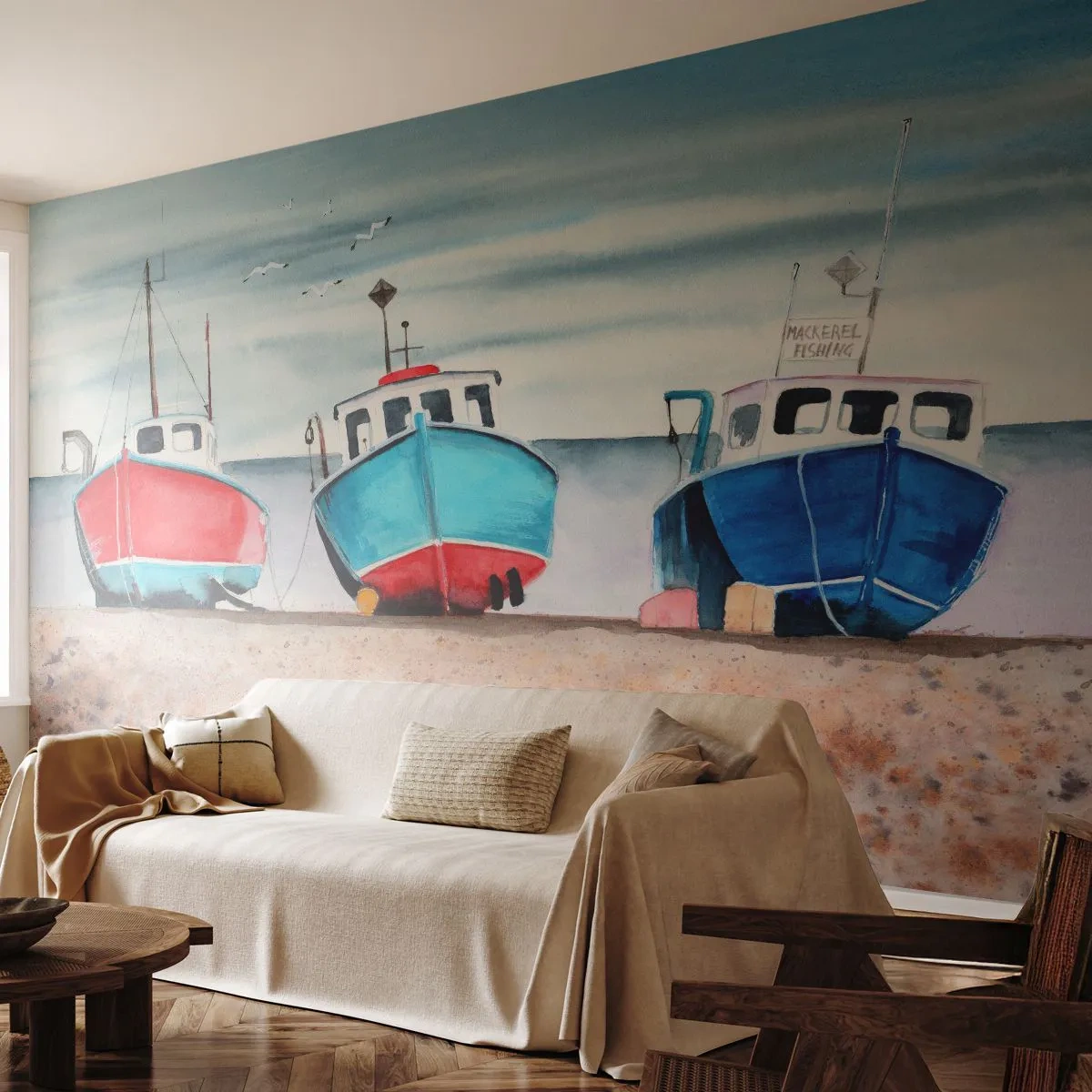 Fototapete Premium Sand - Bereit zum Fang - Nautisch, Strand, Angelschneider - 500x350 cm