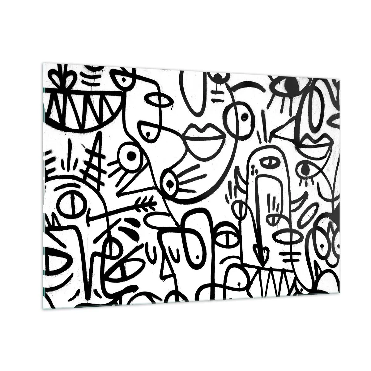 Glasbild - Bild auf glas - Schwarz-Weiß-Abstraktion mit Augen, Gesichtern und Linien - 100x70cm - Gesichter und Luftspiegelungen - Moderne Wanddekoration für Wohnzimmer und Schlafzimmer ARTTOR