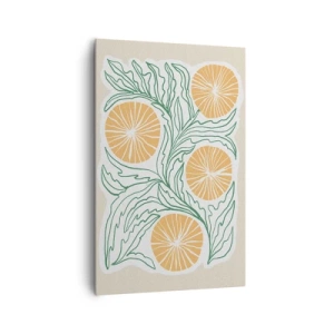 Bild auf Leinwand - Leinwandbild - Ein minimalistisches orangefarbenes Motiv mit grünen Blättern - 80x120cm - Ethnisch mit einem Hauch von Abstraktion - Moderne Wanddekoration für Wohnzimmer und Schlafzimmer ARTTOR