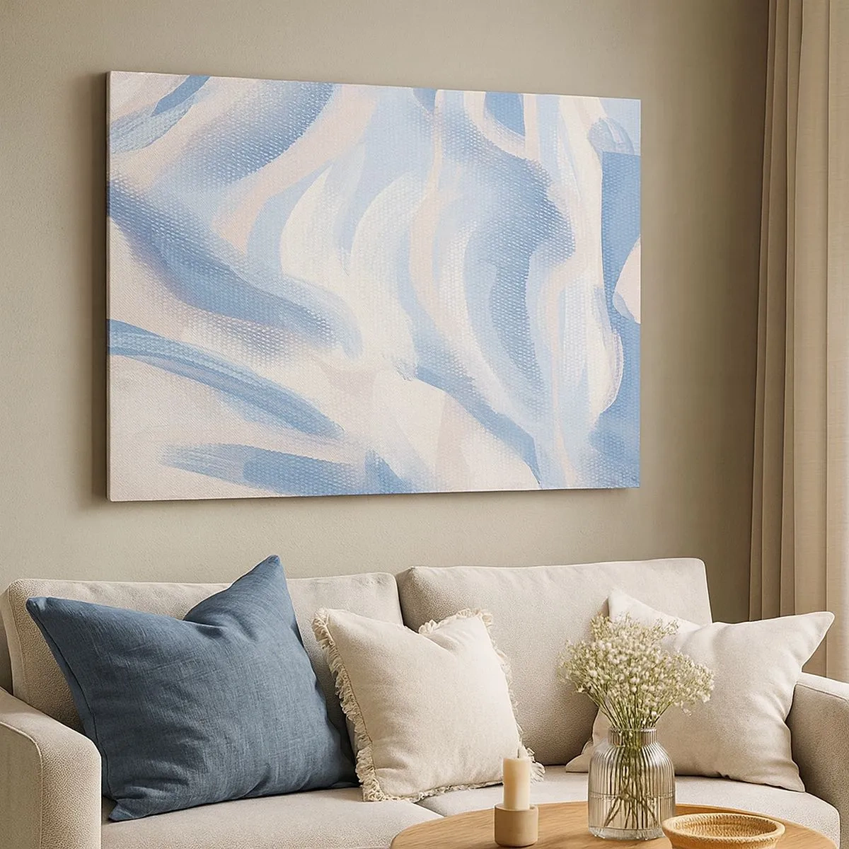 Bild auf Leinwand - Leinwandbild - Abstrakte Pinselstriche in Blau- und Beigetönen - 70x50cm - Blaue Wellen - Moderne Wanddekoration für Wohnzimmer und Schlafzimmer ARTTOR