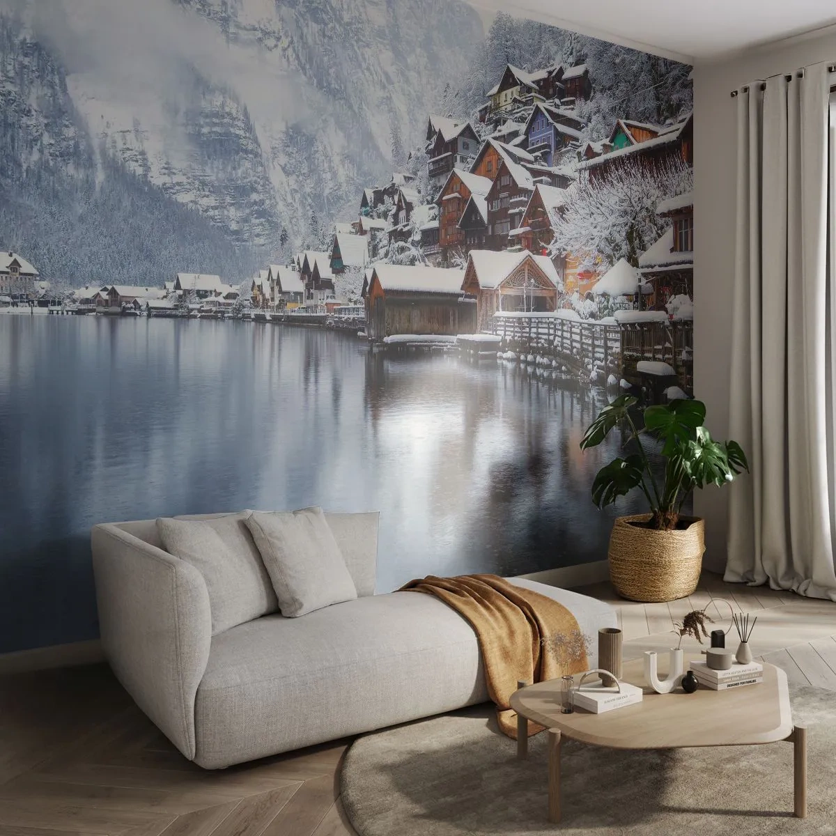 Fototapete Premium Canvas - In winterlicher Dekoration - Landschaft, Bergsiedlung, Winter - 200x140 cm