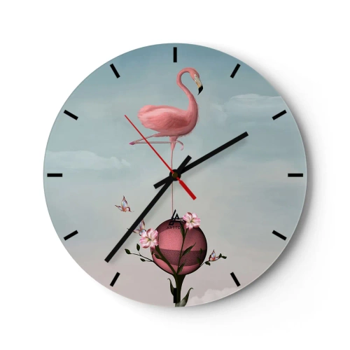 Wanduhr - Glasuhr - Ein rosa Flamingo, der auf einer mit Blumen geschmückten Kugel steht. - 30x30cm - Basketball-Allegorie - Moderne Wanddekoration für Wohnzimmer, Küche und Schlafzimmer ARTTOR