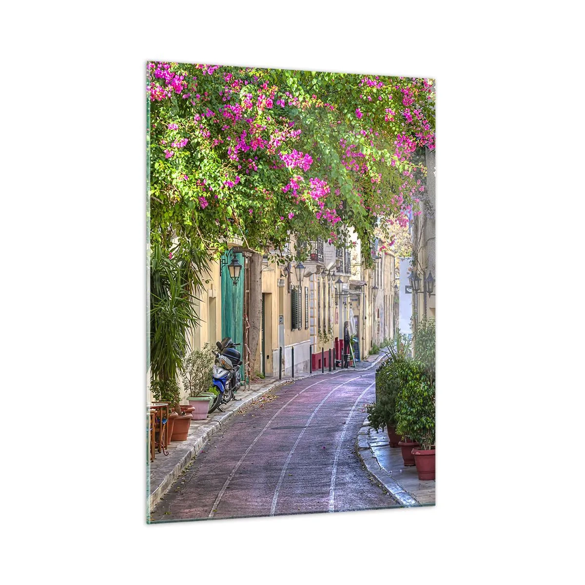 Glasbild - Bild auf glas - Eine bezaubernde Straße mit blühenden Bäumen - 50x70cm - Blühende Gasse - Moderne Wanddekoration für Wohnzimmer und Schlafzimmer ARTTOR