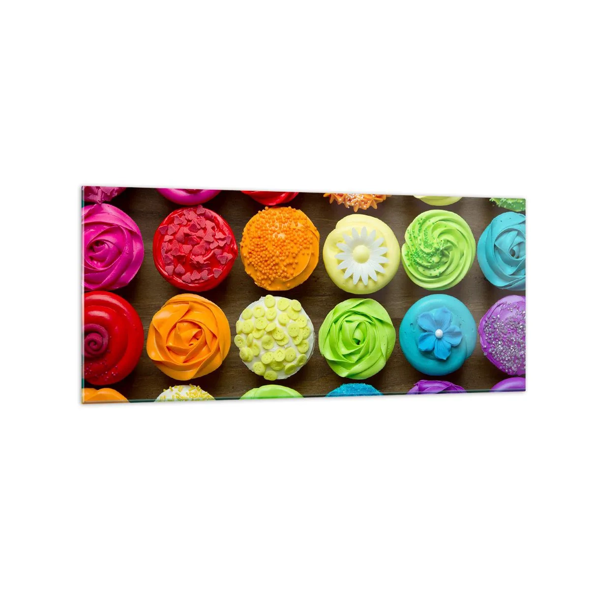 Glasbild - Bild auf glas - Bunte Cupcakes mit pastellfarbenen Verzierungen - 120x50cm - Alles andere - alles lecker - Moderne Wanddekoration für Wohnzimmer und Schlafzimmer ARTTOR