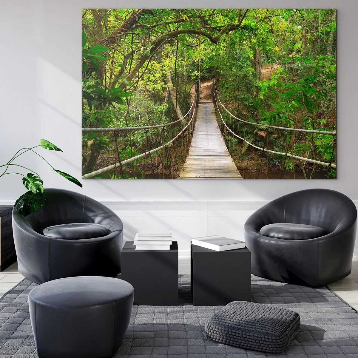 Glasbild - Bild auf glas - Hängebrücke in einem tropischen Wald - 70x50cm - Denn im Garten gibt es eine Schlingpflanze - Moderne Wanddekoration für Wohnzimmer und Schlafzimmer ARTTOR