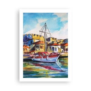 Poster - Ein farbenfrohes Aquarell einer Yacht in einer Küstenstadt - 50x70cm - Regenbogennachmittag - Moderne Wanddekoration für Wohnzimmer und Schlafzimmer ARTTOR