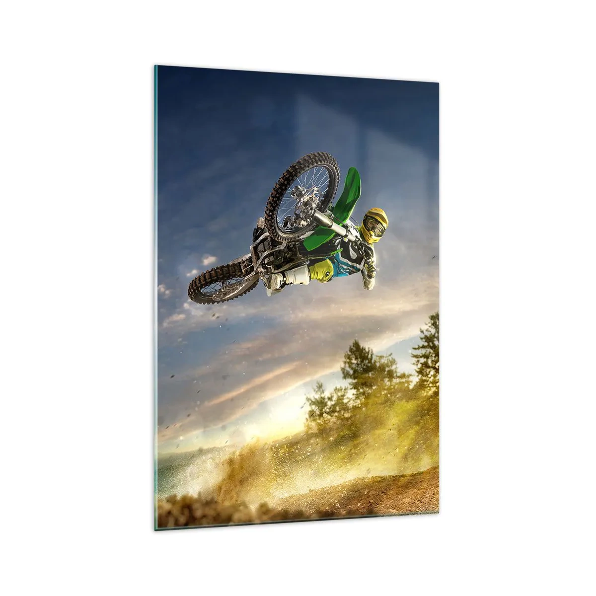 Glasbild - Bild auf glas - Motorradfahrer im dynamischen Sprung - 70x100cm - Schalten Sie Emotionen ein! - Moderne Wanddekoration für Wohnzimmer und Schlafzimmer ARTTOR