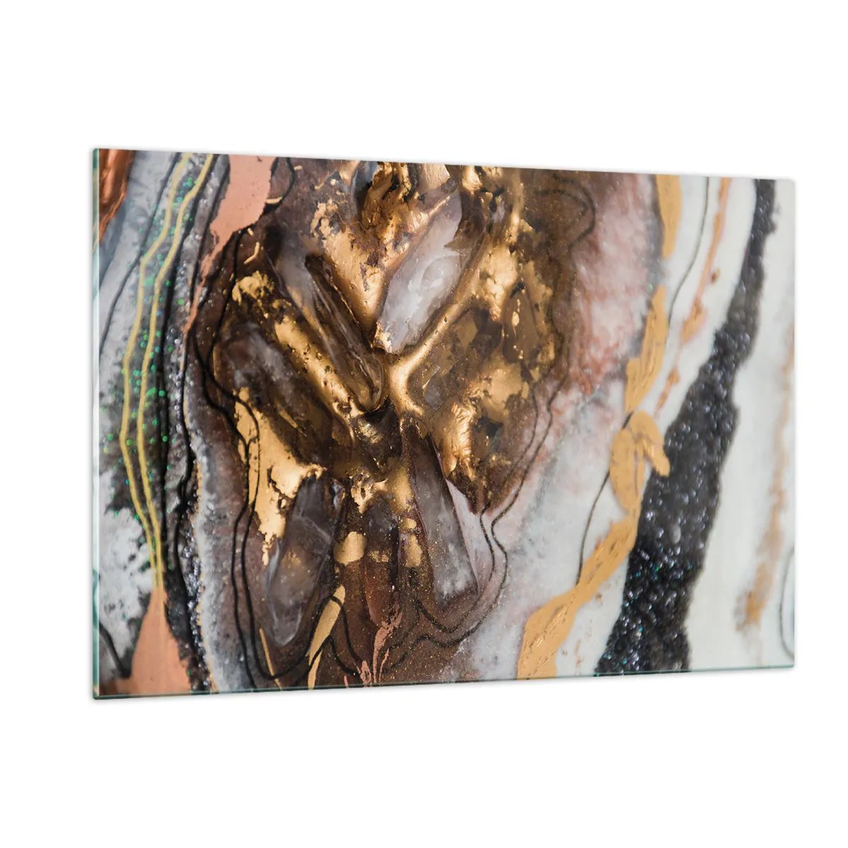 Glasbild - Bild auf glas - Ein abstraktes Gemälde in Gold-, Braun- und Weißtönen mit einer mineralähnlichen Textur. - 120x80cm - Das Element der Erde - Moderne Wanddekoration für Wohnzimmer und Schlafzimmer ARTTOR