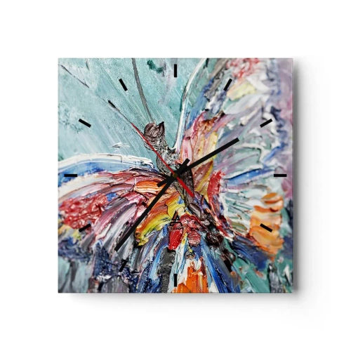 Wanduhr - Glasuhr - Bunter Impasto-Schmetterling auf pastellfarbenem Hintergrund - 30x30cm - Von der Natur gemalt - Moderne Wanddekoration für Wohnzimmer und Schlafzimmer ARTTOR