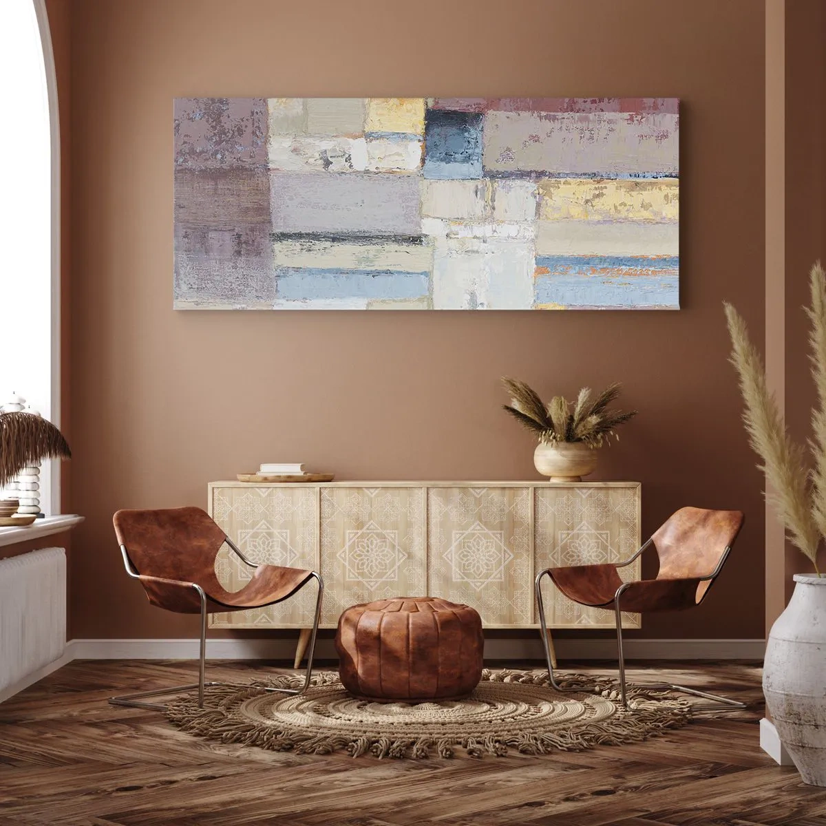 Bild auf Leinwand - Leinwandbild - Geometrische Komposition in Pastellfarben - 160x50cm - Ruhe der Geometrie - Moderne Wanddekoration für Wohnzimmer und Schlafzimmer ARTTOR