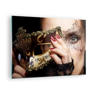 Glasbild - Bild auf glas - Eine goldene venezianische Maske auf dem Gesicht einer Frau - 70x50cm - Meine Welt ist barock - Moderne Wanddekoration für Wohnzimmer und Schlafzimmer ARTTOR