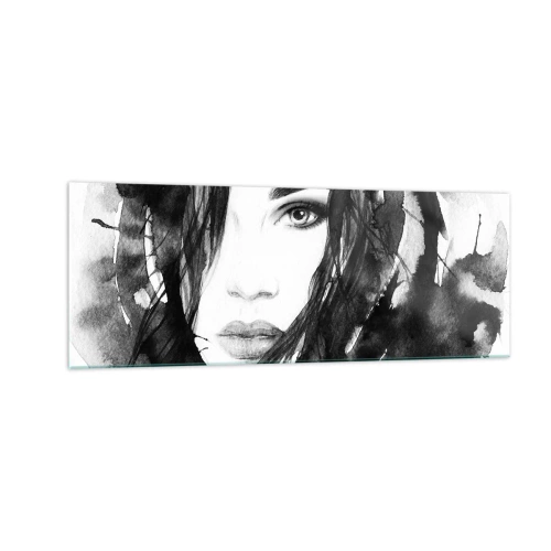 Glasbild - Bild auf glas - Porträt einer Frau in Schwarz-Weiß-Aquarell - 140x50cm - Porträt einer Dame in Schwarzweiß - Moderne Wanddekoration für Wohnzimmer und Schlafzimmer ARTTOR