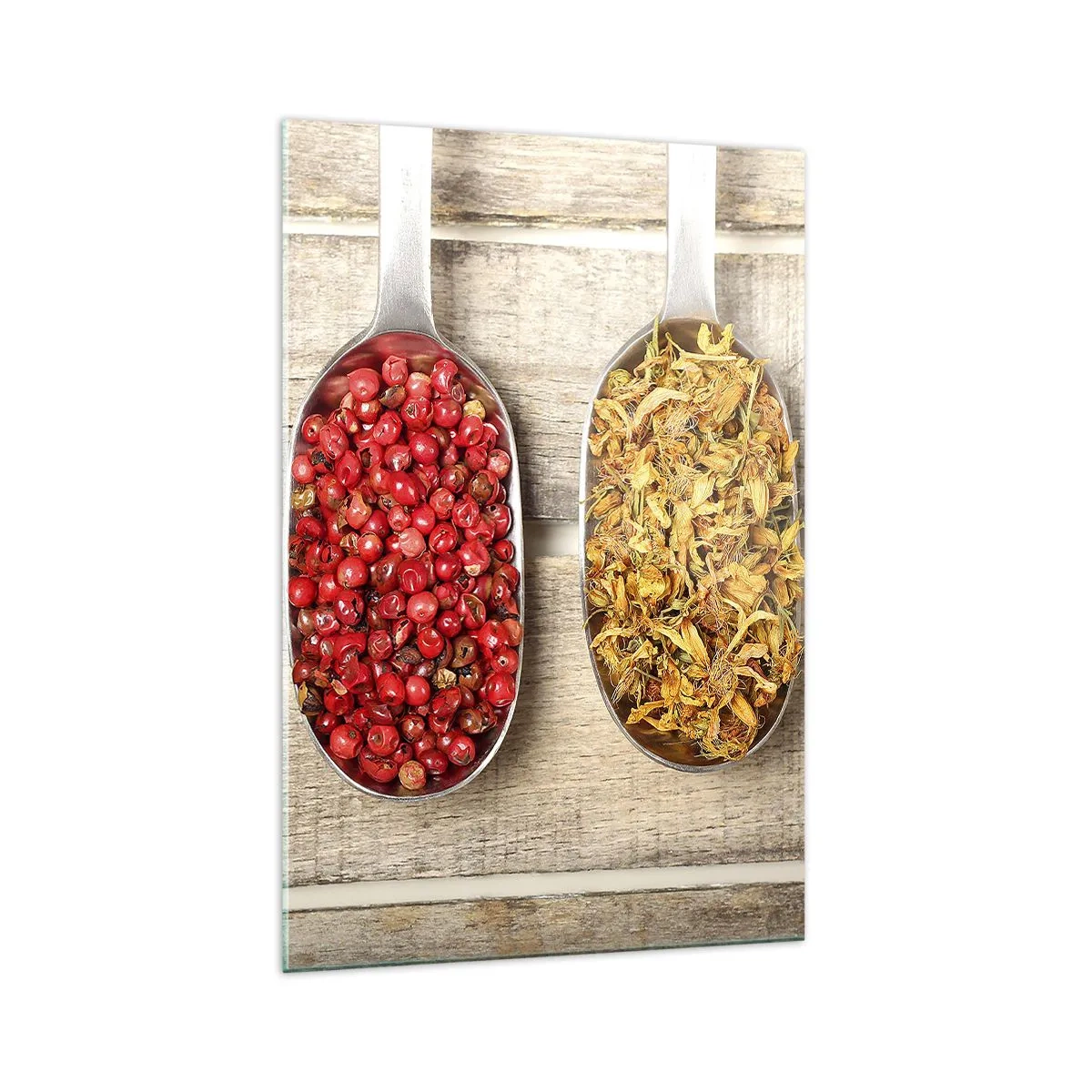 Glasbild - Bild auf glas - Drei Metalllöffel mit Gewürzen auf einem hölzernen Hintergrund - 70x100cm - Küchenzauber - Moderne Wanddekoration für Wohnzimmer und Schlafzimmer ARTTOR