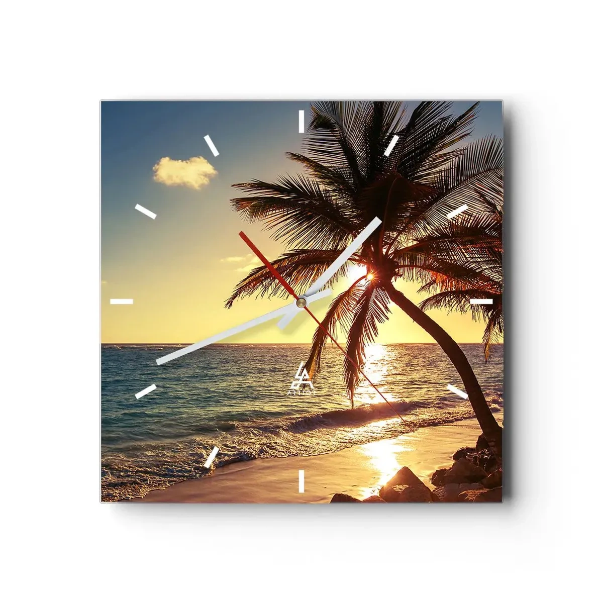 Wanduhr - Glasuhr - Tropischer Sonnenuntergang über einem Strand mit Palmen - 30x30cm - Sommer unter Palmen - Moderne Wanddekoration für Wohnzimmer und Schlafzimmer ARTTOR