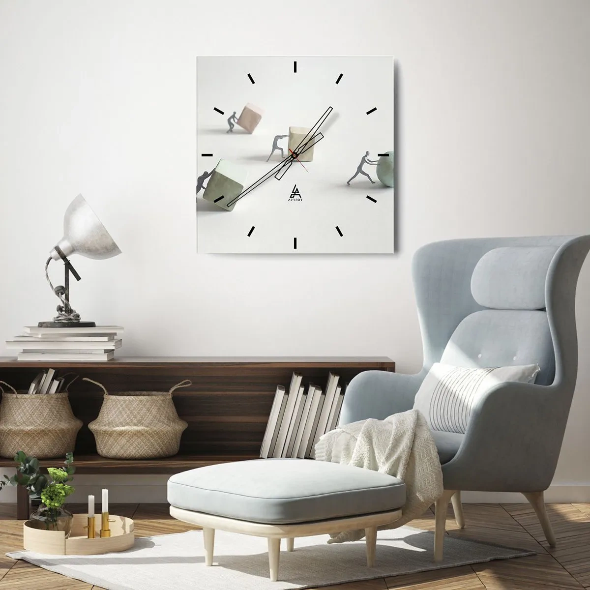 Wanduhr - Glasuhr - Miniaturfiguren, die Formen vor einem hellen Hintergrund schieben - 30x30cm - Pures Leben - Moderne Wanddekoration für Wohnzimmer und Schlafzimmer ARTTOR