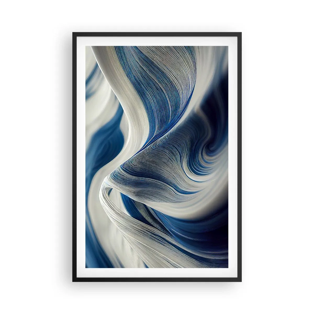 Poster in einem schwarzem Rahmen - Fließfähigkeit von Blau und Weiß - 61x91 cm