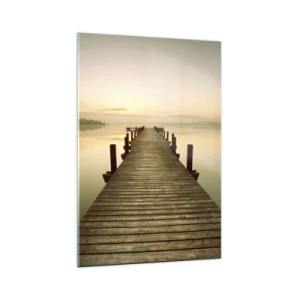 Glasbild - Bild auf glas - Ein Holzsteg an einem ruhigen See am Morgen - 70x100cm - Tagesanbruch, Morgendämmerung, Licht - Moderne Wanddekoration für Wohnzimmer und Schlafzimmer ARTTOR