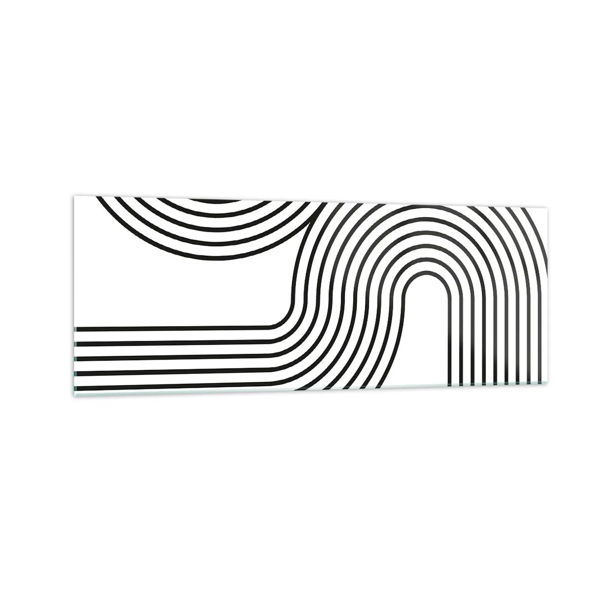 Glasbild - Bild auf glas - Ein abstraktes Gemälde mit schwarzen Linien, die geometrische Muster auf weißem Hintergrund erzeugen. - 140x50cm - An der Kurve - Moderne Wanddekoration für Wohnzimmer und Schlafzimmer ARTTOR