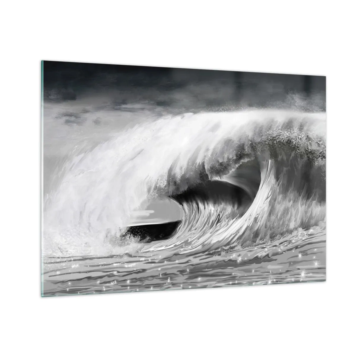 Glasbild - Bild auf glas - Eine kraftvolle Welle, eingefangen in einer Schwarz-Weiß-Ästhetik - 100x70cm - Wut des Ozeans - Moderne Wanddekoration für Wohnzimmer und Schlafzimmer ARTTOR