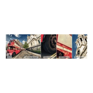 Fototapeten Muster Selbstklebend Deluxe Sticker - Londoner Straße in Grau und Rot - Stadt, London, roter Bus - 100x30 cm