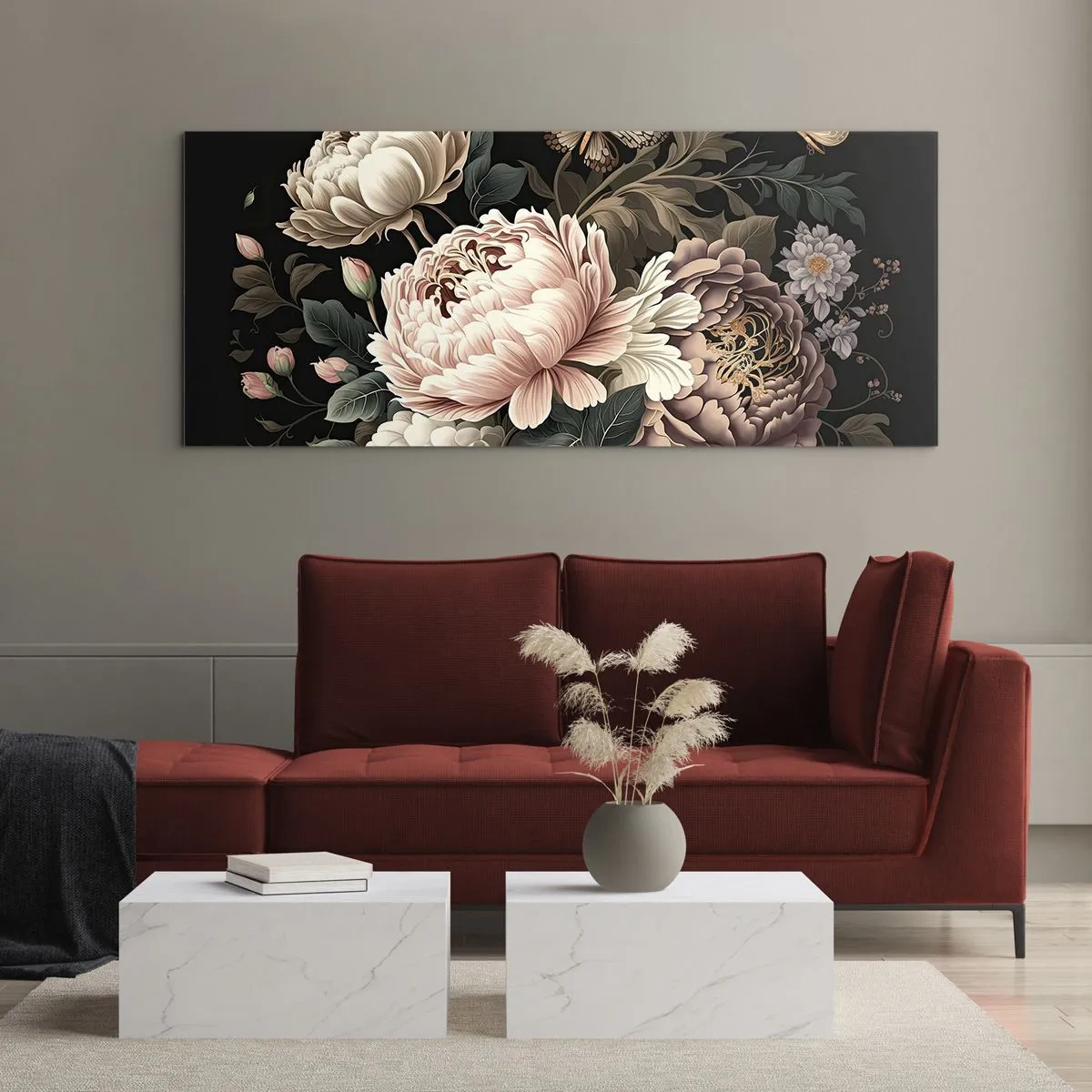 Glasbild - Bild auf glas - Ein Strauß rosa Blumen und Schmetterlinge auf schwarzem Hintergrund - 120x50cm - Im Barockstil - Moderne Wanddekoration für Wohnzimmer und Schlafzimmer ARTTOR