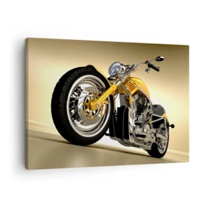 Bild auf Leinwand - Leinwandbild - Ein gelbes Motorrad im Chopper-Stil vor einer beigen Wand - 70x50cm - Ein Traum von Kraft und Geschwindigkeit - Moderne Wanddekoration für Wohnzimmer und Schlafzimmer ARTTOR