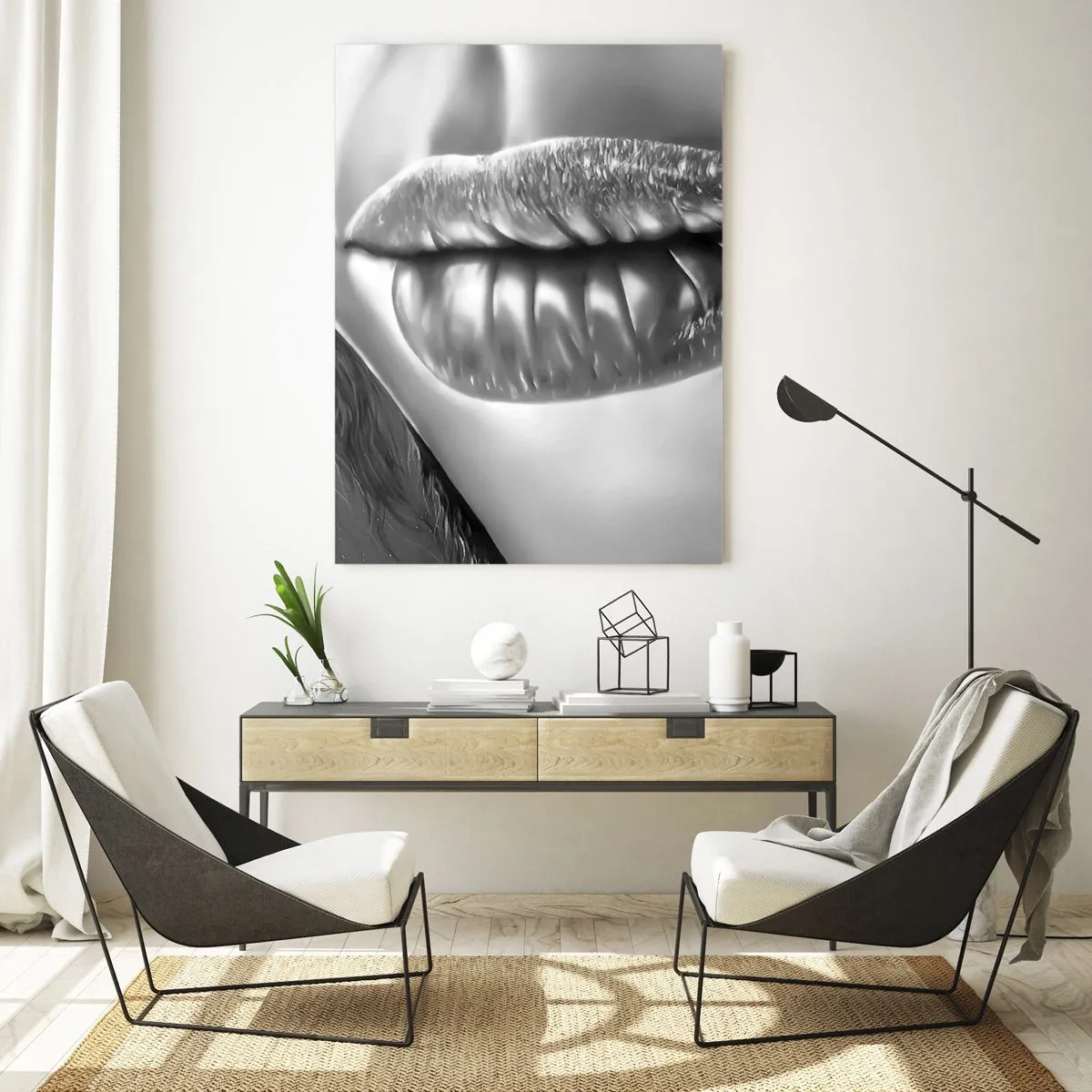 Glasbild - Bild auf glas - Schwarz-weiße Nahaufnahme der Lippen einer Frau mit Glanzeffekt und Details. - 70x100cm - Ich weiß, was du denkst… - Moderne Wanddekoration für Wohnzimmer und Schlafzimmer ARTTOR