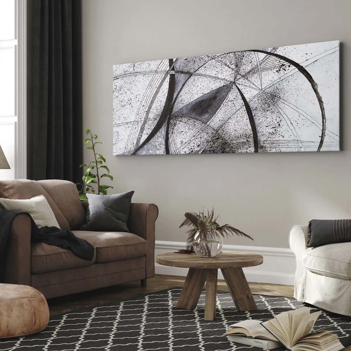 Bild auf Leinwand - Leinwandbild - Abstrakte Linien und Formen in Grau- und Schwarztönen - 160x50cm - Futuristische Fantasie - Moderne Wanddekoration für Wohnzimmer und Schlafzimmer ARTTOR