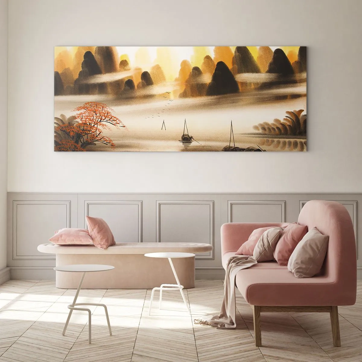 Glasbild - Bild auf glas - Eine orientalische Landschaft mit Fluss, Bergen und sanftem Nebel. - 140x50cm - Weiter als im Fernosten - Moderne Wanddekoration für Wohnzimmer und Schlafzimmer ARTTOR