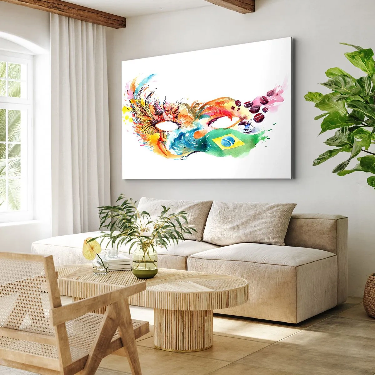 Bild auf Leinwand - Leinwandbild - Bunte Aquarellmaske, inspiriert von Brasilien - 70x50cm - Brasilien begrüßt Samba - Moderne Wanddekoration für Wohnzimmer und Schlafzimmer ARTTOR