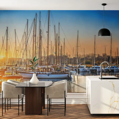 Fototapete Premium Canvas - Der Wind muss auch schlafen - Landschaft, Yachthafen, Segelboot - 300x210 cm
