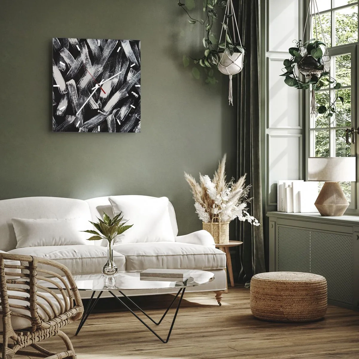 Wanduhr - Glasuhr - Dynamische Abstraktion mit weißen Pinselstrichen auf schwarzem Hintergrund. - 30x30cm - Abstraktion im industriellen Geist - Moderne Wanddekoration für Wohnzimmer und Schlafzimmer ARTTOR