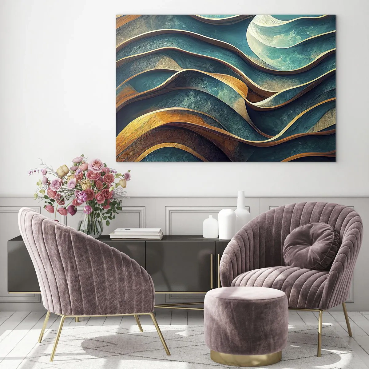 Glasbild - Bild auf glas - Dynamische Linien in Blau und Kupfer erzeugen Wellen - 100x70cm - Blaue Mäander - Moderne Wanddekoration für Wohnzimmer und Schlafzimmer ARTTOR