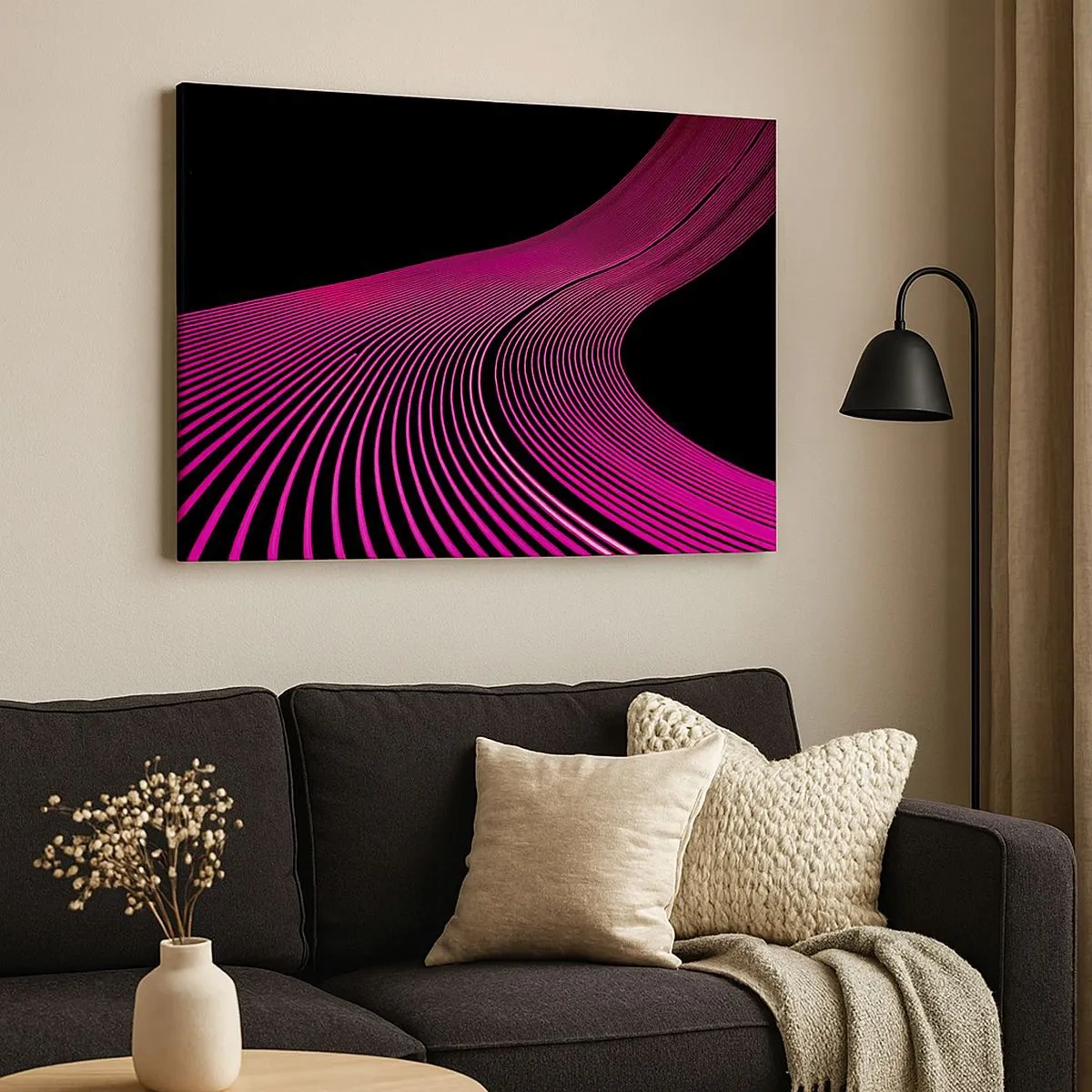 Bild auf Leinwand - Leinwandbild - Futuristische Linien in Rosatönen auf schwarzem Hintergrund - 70x50cm - Allee des Lichts - Moderne Wanddekoration für Wohnzimmer und Schlafzimmer ARTTOR