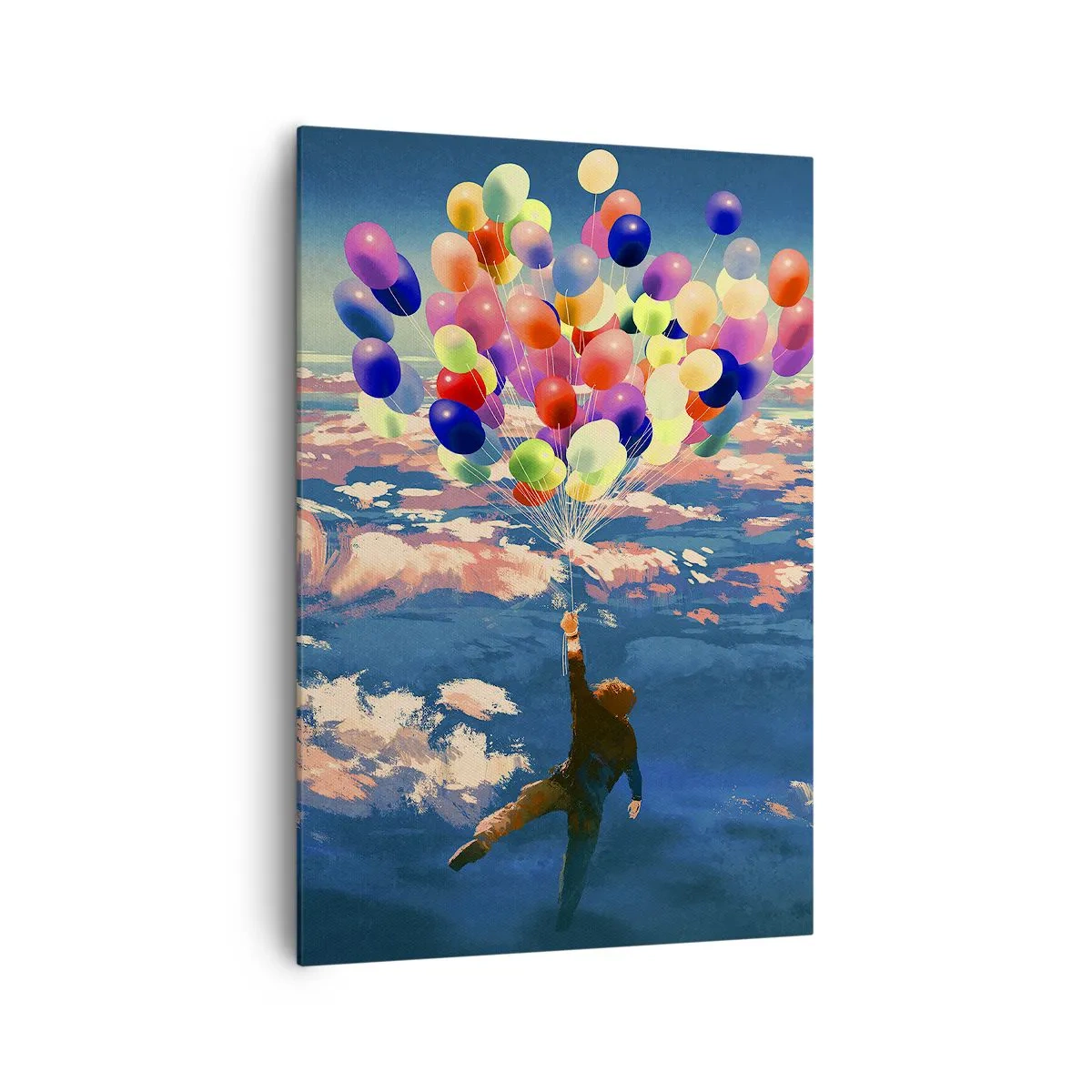 Bild auf Leinwand - Leinwandbild - Eine Figur, die mit bunten Luftballons über den Wolken schwebt - 70x100cm - Ein Kindheitstraum wird wahr - Moderne Wanddekoration für Wohnzimmer und Schlafzimmer ARTTOR