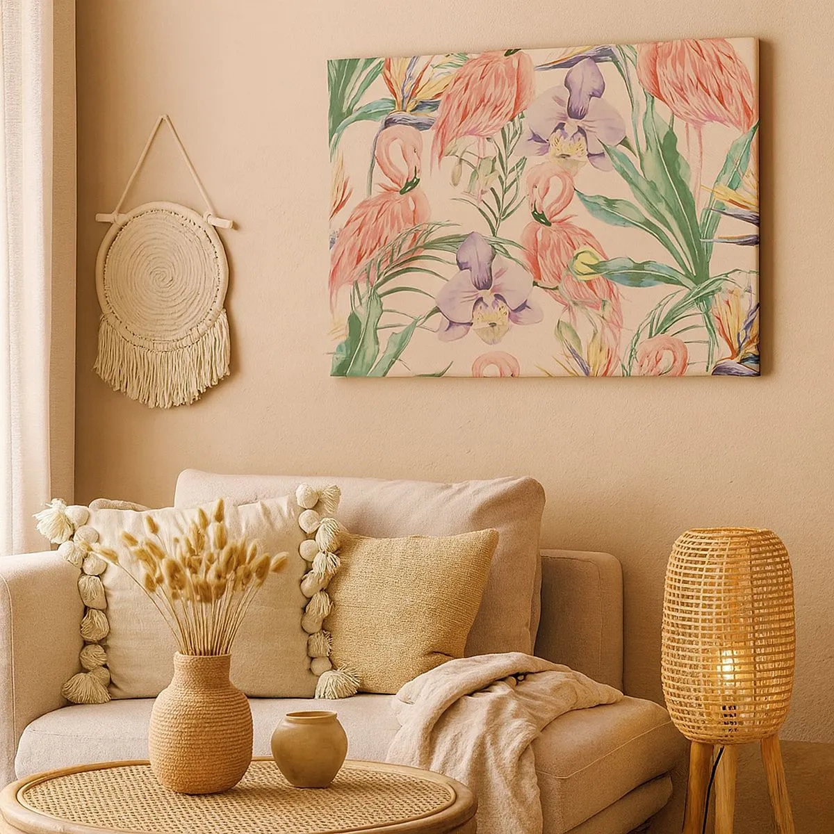 Bild auf Leinwand - Leinwandbild - Flamingos und tropische Blumen auf hellem Hintergrund - 70x50cm - Rosa Ballett in Blumen - Moderne Wanddekoration für Wohnzimmer und Schlafzimmer ARTTOR