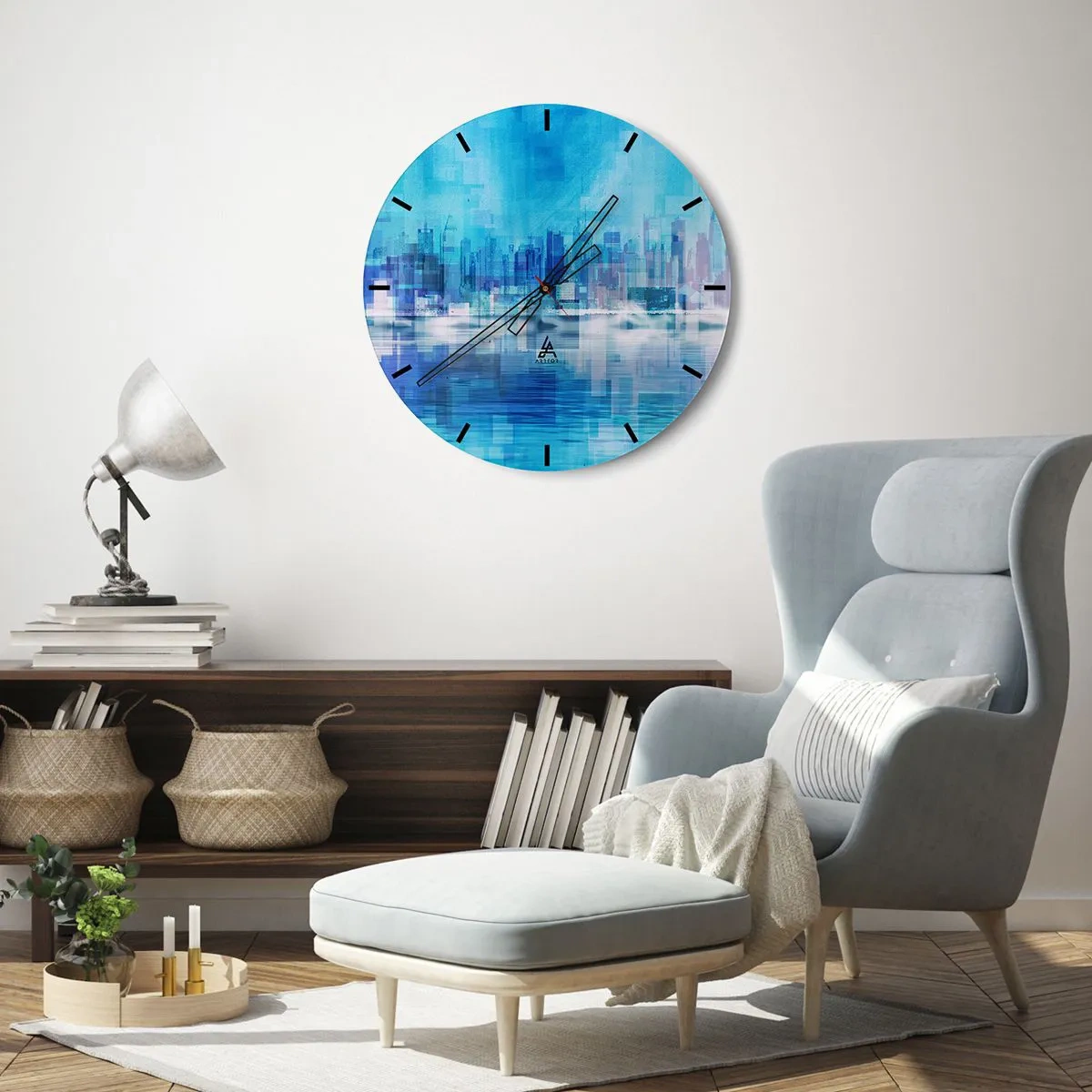 Wanduhr - Glasuhr - Ein Stadtpanorama in Blau- und Lilatönen mit abstrakter Wirkung. - 30x30cm - In Blau ertrunken - Moderne Wanddekoration für Wohnzimmer, Küche und Schlafzimmer ARTTOR