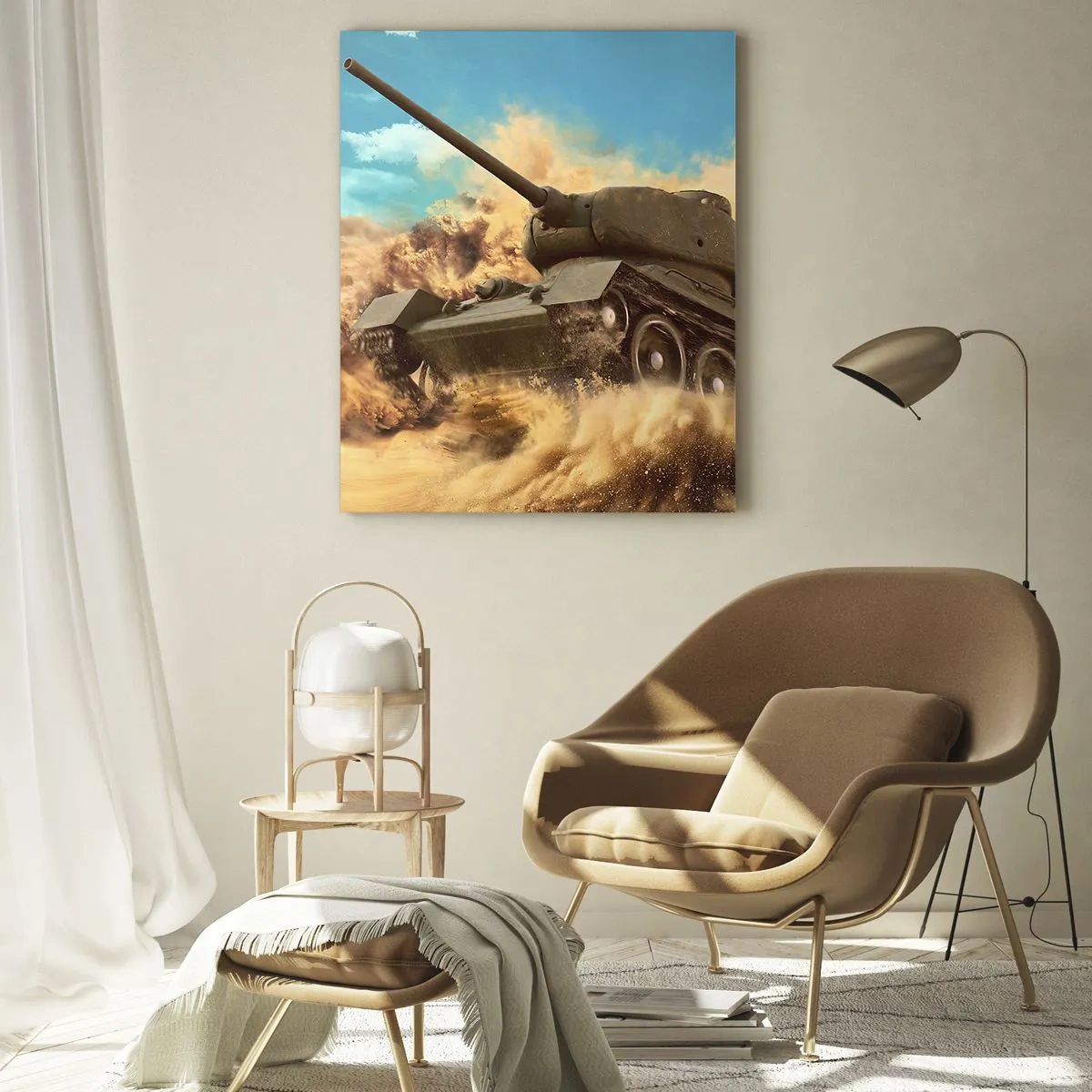 Glasbild - Bild auf glas - Ein Panzer in Bewegung in einer Wüste mit Staubwolken und strahlendem Himmel - 50x70cm - Nicht zu besiegen - Moderne Wanddekoration für Wohnzimmer und Schlafzimmer ARTTOR