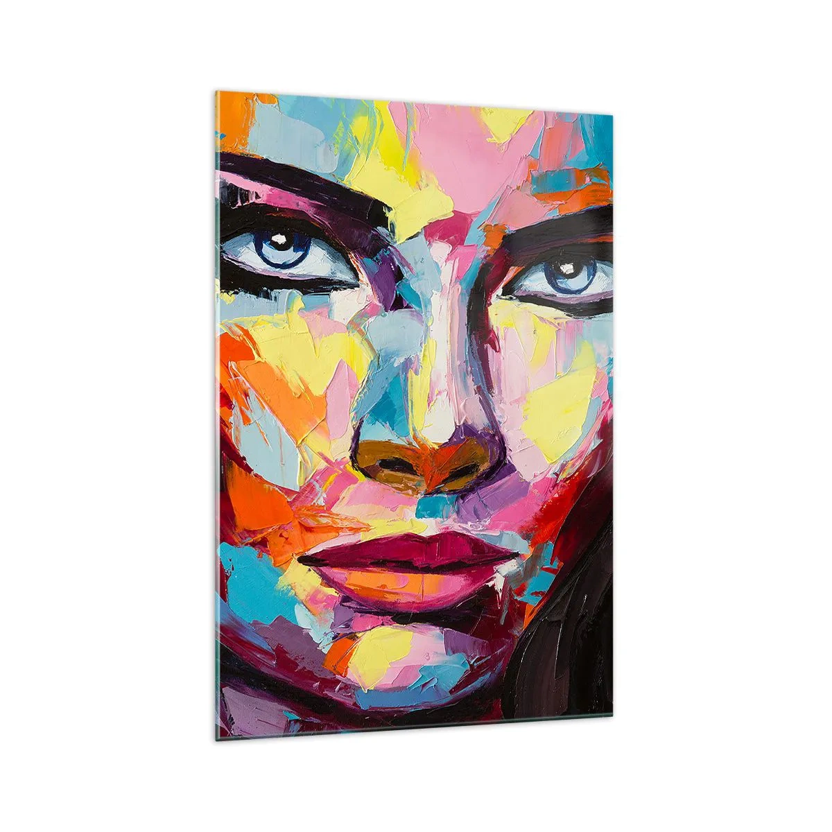 Glasbild - Bild auf glas - Ein farbenfrohes abstraktes Porträt einer Frau in intensiven Farben. - 70x100cm - Auch die Seele ist bunt - Moderne Wanddekoration für Wohnzimmer und Schlafzimmer ARTTOR